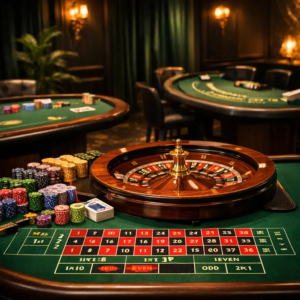 Profesjonalny stół do ruletki z żetonami i kartami w eleganckiej sali, obok stoły do pokera i blackjacka