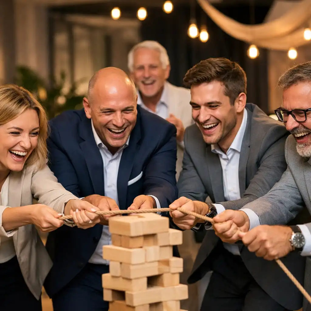 Grupa pracowników bierze udział w integracyjnej grze zespołowej podczas eventu firmowego