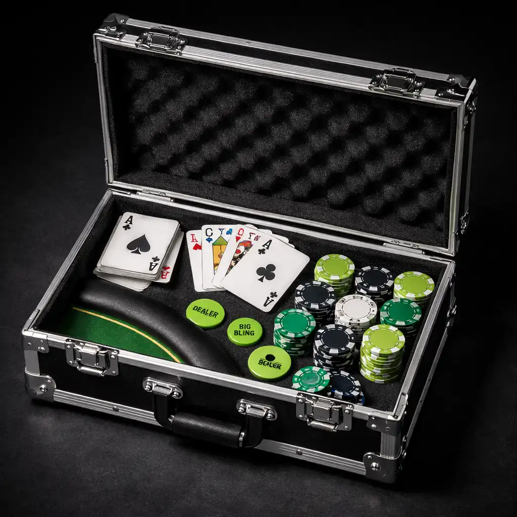 Otwarta skrzynia flight case z kartami do gry, żetonami i fragmentem stołu pokerowego