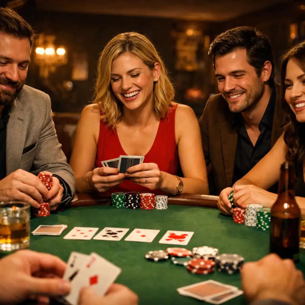 Grupa dorosłych graczy przy stole pokerowym podczas wieczornej imprezy