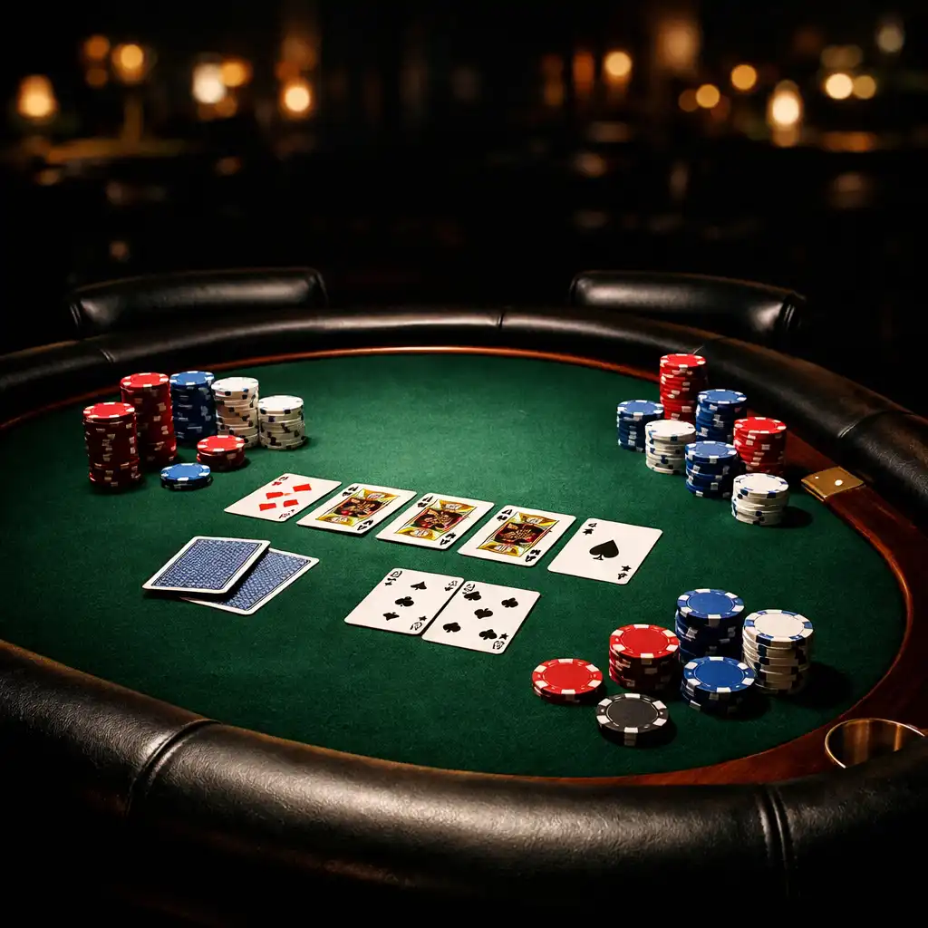 Profesjonalny stół pokerowy z rozłożonymi kartami i żetonami