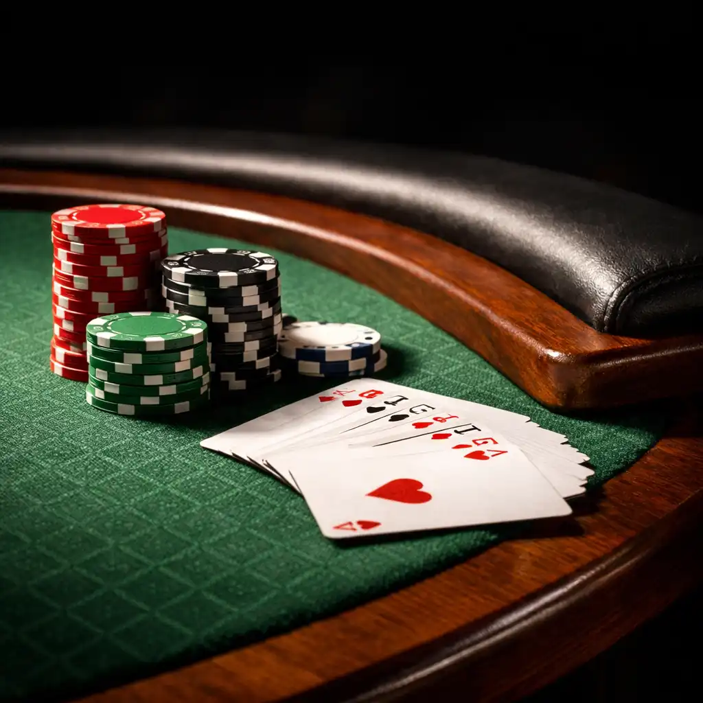 Zbliżenie na róg profesjonalnego stołu pokerowego z żetonami i kartami