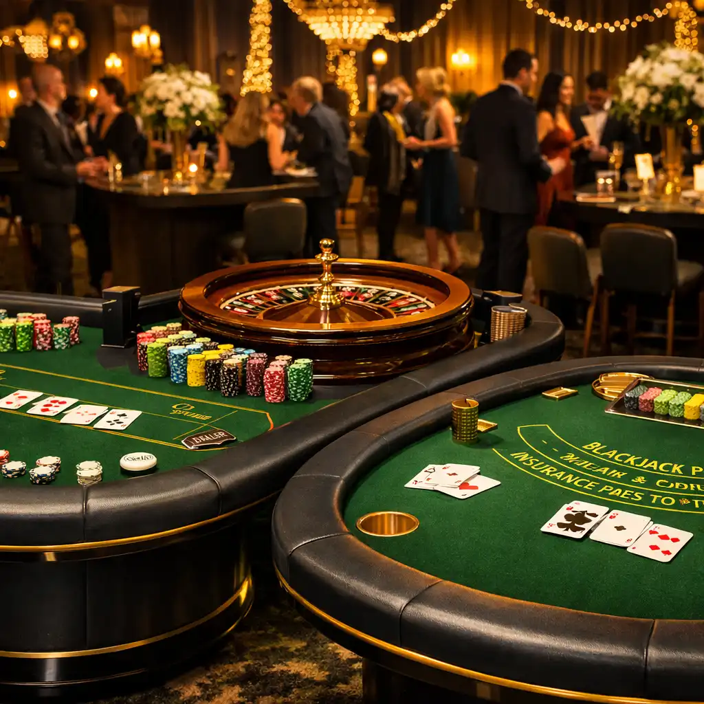 Elegancka sala eventowa z ustawionymi stołami do pokera, ruletki i blackjacka