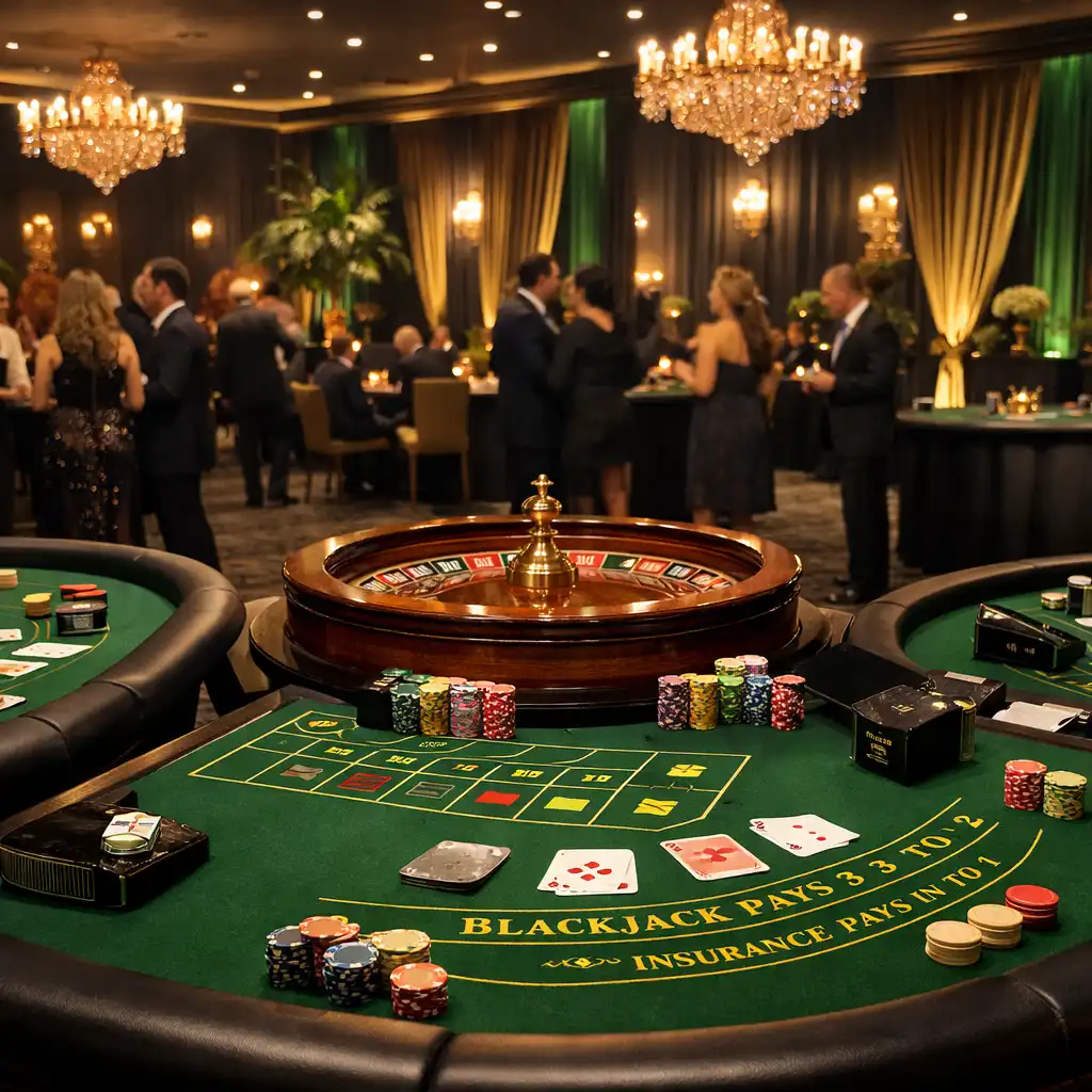 Gotowa sala eventowa z kompletem stołów do pokera, ruletki i blackjacka