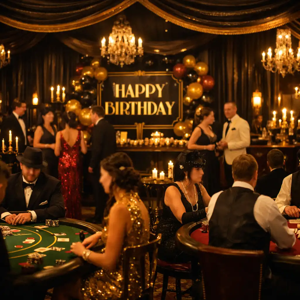 Sala bankietowa w stylu lat 20. ze stołami do blackjacka i pokera, ciemnymi zasłonami i złotymi dekoracjami