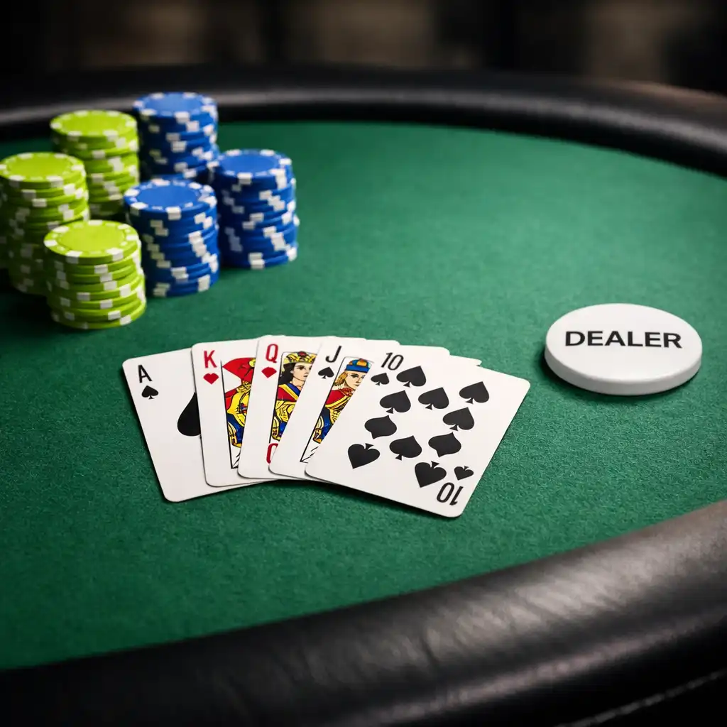 Profesjonalny stół pokerowy z zielonym suknem, kartami i kolorowymi żetonami