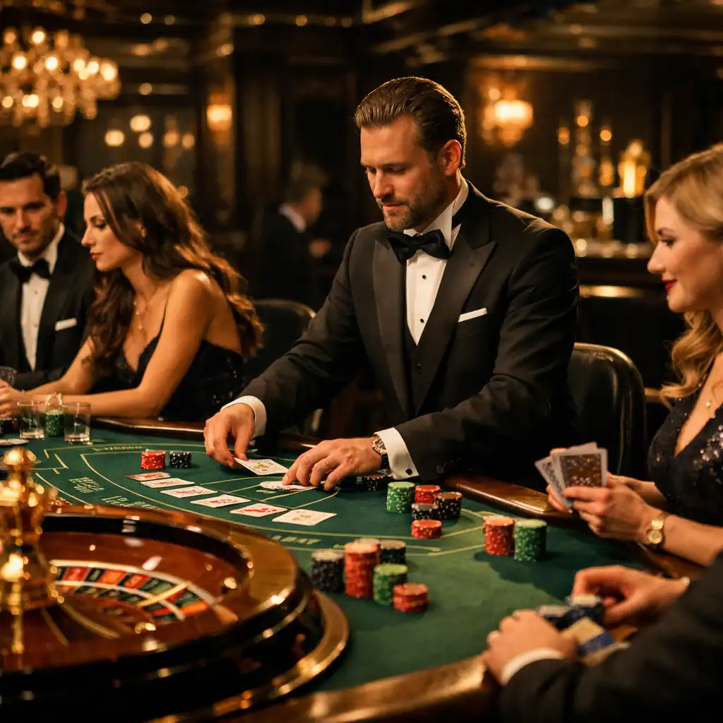 Wieczór kasynowy z profesjonalnym stołem do ruletki i blackjacka, krupierem i graczami w formalnych strojach